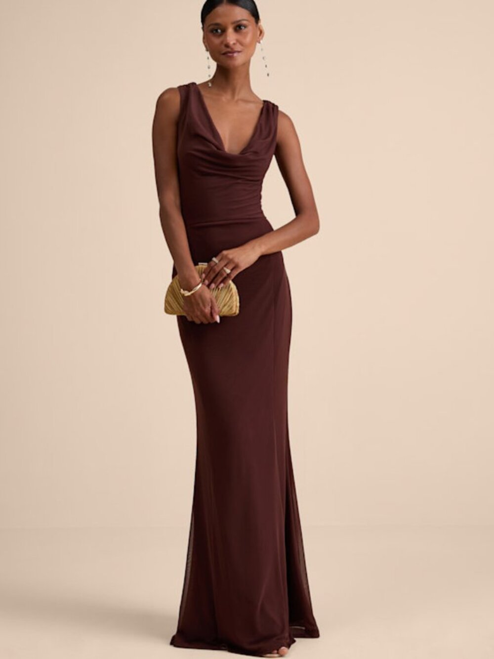 Lulus Stunning Mystery Brown Mesh Cowl Back Mermaid Maxi Dress - Size S